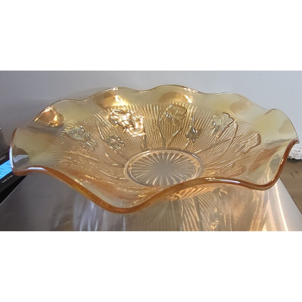 Vintage Mid Century Marigold Ruffled Bowl Iris and Herringbone Jeannette Glass